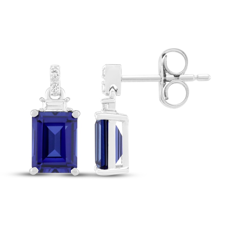 Main Image 3 of Emerald-Cut Blue Lab-Created Sapphire & White Lab-Created Sapphire Dangle Earrings Sterling Silver