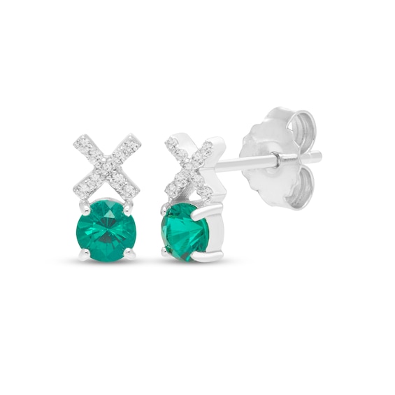 Lab-Created Emerald & White Lab-Created Sapphire "XO" Earrings Sterling Silver