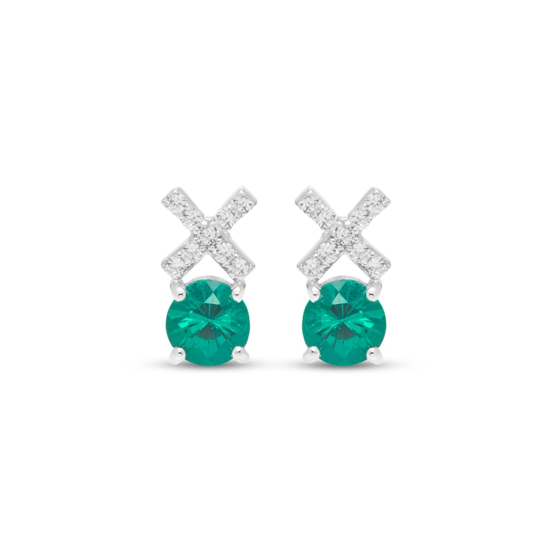 Main Image 2 of Lab-Created Emerald & White Lab-Created Sapphire "XO" Earrings Sterling Silver