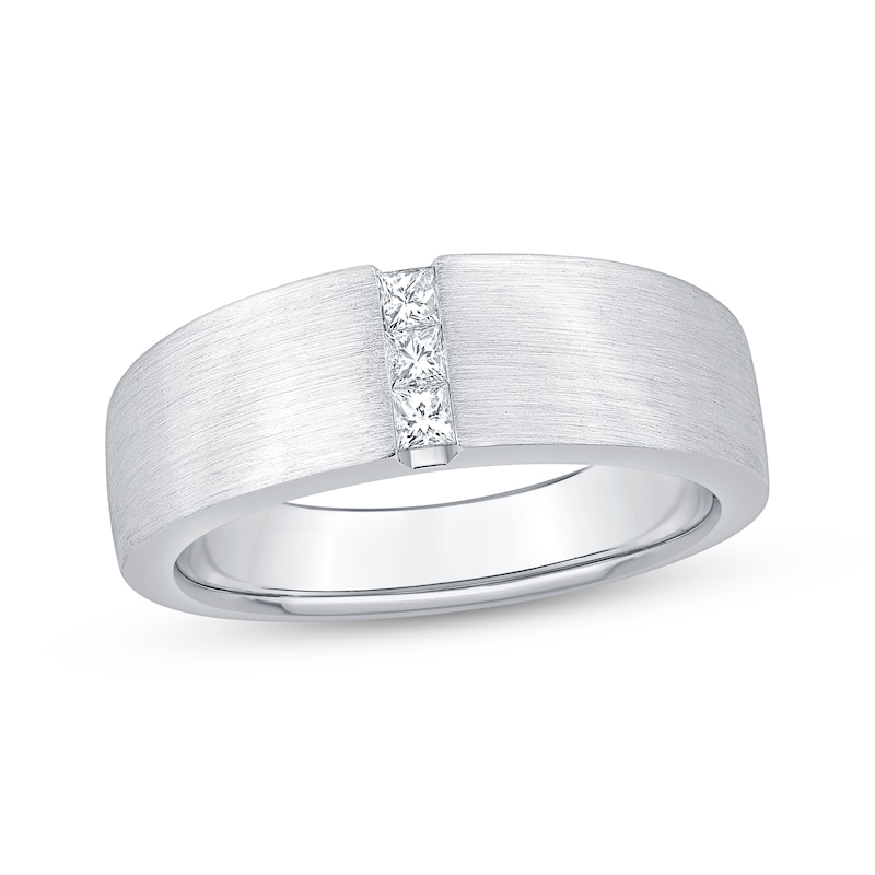 Main Image 1 of Now + Forever Men's Square-Cut Diamond Three-Stone Brushed Wedding Band 1/5 ct tw 10K White Gold