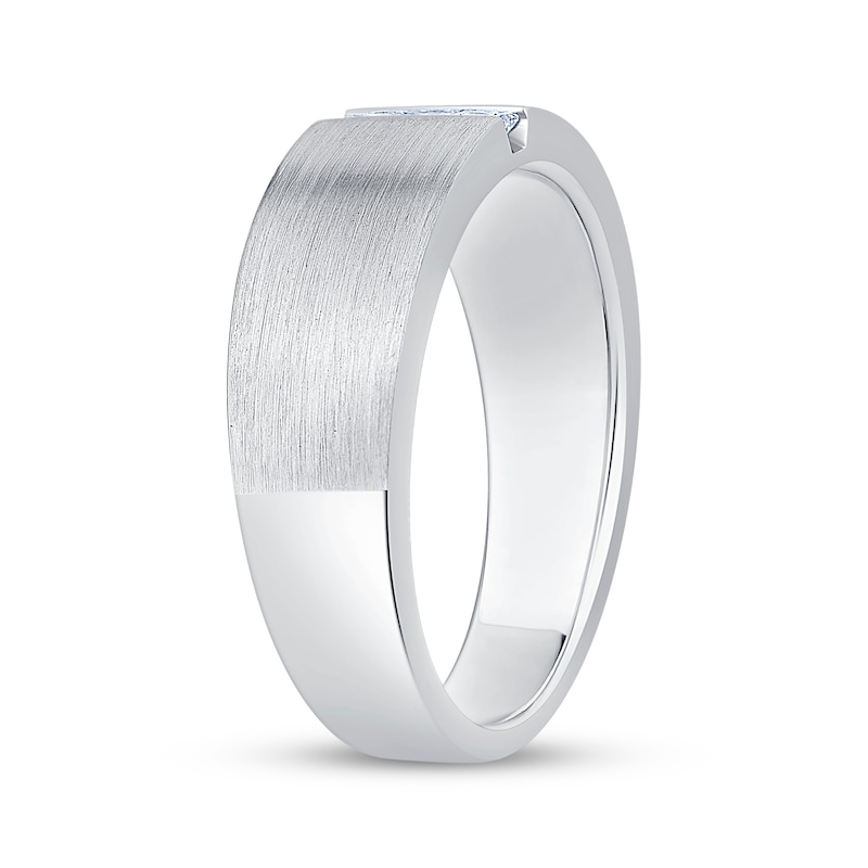 Main Image 2 of Now + Forever Men's Square-Cut Diamond Three-Stone Brushed Wedding Band 1/5 ct tw 10K White Gold