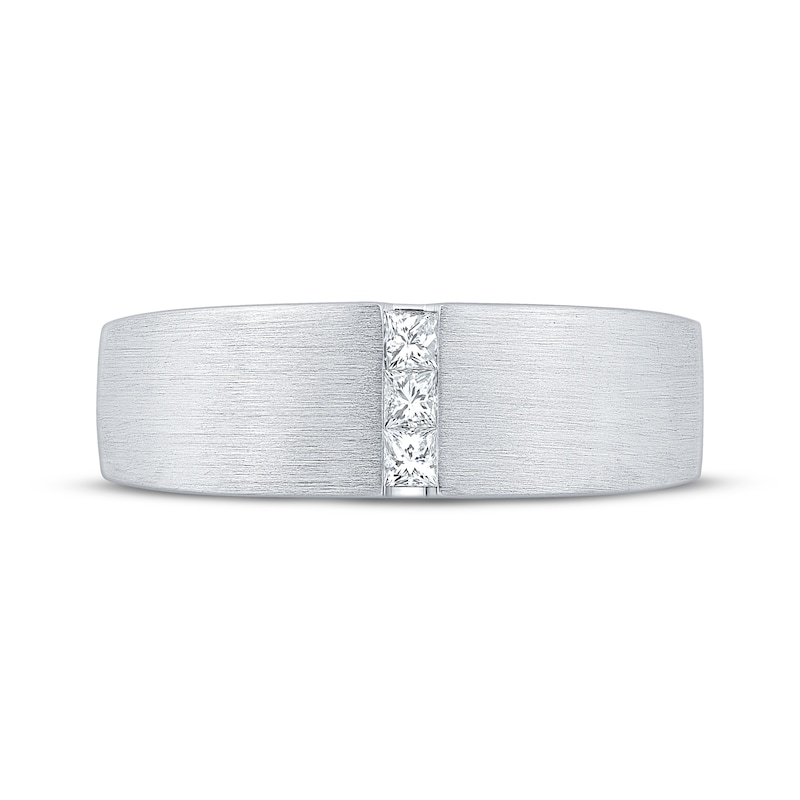 Main Image 3 of Now + Forever Men's Square-Cut Diamond Three-Stone Brushed Wedding Band 1/5 ct tw 10K White Gold