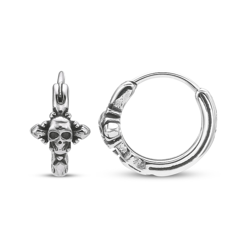 Main Image 3 of Men's Skull Huggie Hoop Earrings Stainless Steel & Black Ion Plating