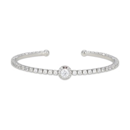 White Lab-Created Sapphire Halo Flex Cuff Bangle Bracelet Sterling Silver