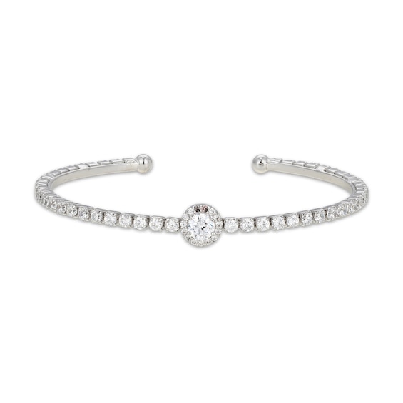 White Lab-Created Sapphire Halo Flex Cuff Bangle Bracelet Sterling Silver
