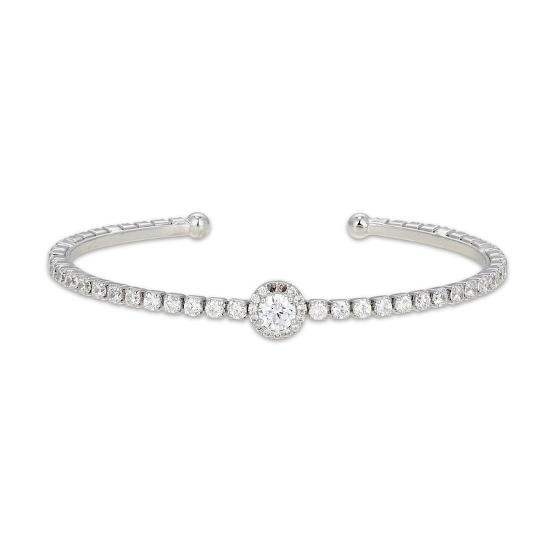 Main Image 1 of White Lab-Created Sapphire Halo Flex Cuff Bangle Bracelet Sterling Silver