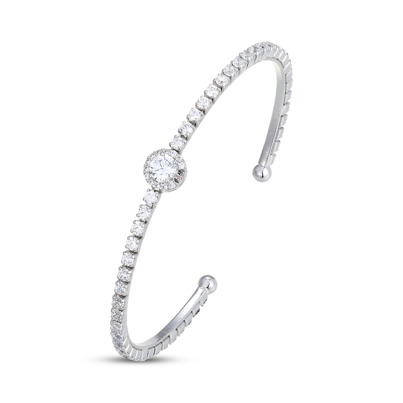 Main Image 2 of White Lab-Created Sapphire Halo Flex Cuff Bangle Bracelet Sterling Silver