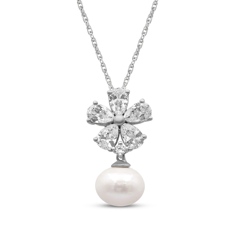 Main Image 1 of Cultured Pearl & Pear-Shaped White Lab-Created Sapphire Flower Necklace Sterling Silver 18"