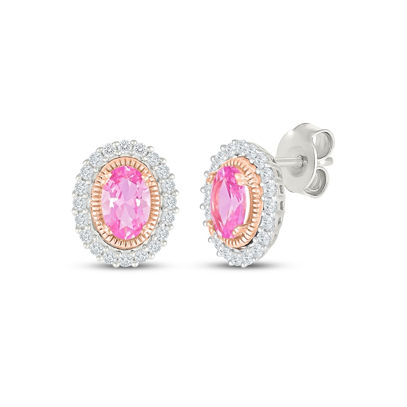 Main Image 1 of Oval-Cut Pink Lab-Created Sapphire & White Lab-Created Sapphire Stud Earrings Sterling Silver & 10K Rose Gold