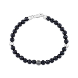 Men's Black Onyx Bead & Black Diamond Bracelet 1/4 ct tw Sterling Silver 8.5"
