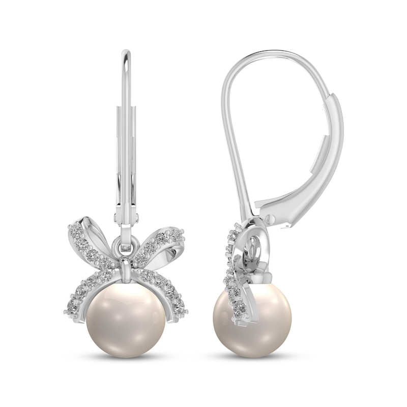 Main Image 1 of Button Cultured Pearl & White Lab-Created Sapphire Bow Drop Earrings Sterling Silver