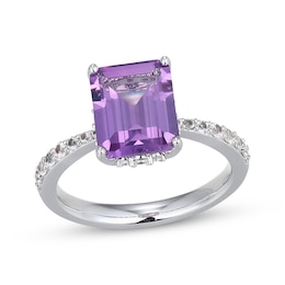 Emerald-Cut Lab-Created Alexandrite & White Lab-Created Sapphire Hidden Halo Fashion Ring Sterling Silver