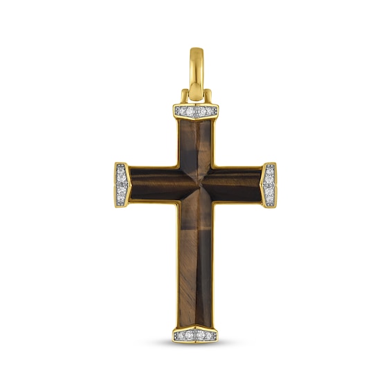 KAY Lab-Grown Diamonds Men's Tiger's Eye Cross Necklace Charm 1/6 ct tw 14K Yellow Gold-Plated Sterling Silver