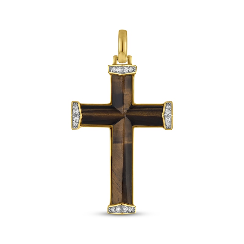 Main Image 1 of KAY Lab-Grown Diamonds Men's Tiger's Eye Cross Necklace Charm 1/6 ct tw 14K Yellow Gold-Plated Sterling Silver
