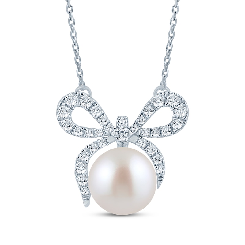Main Image 1 of Monique Lhuillier Bliss Lab-Grown Diamond & Cultured Pearl Bow Necklace 1/5 ct tw Platinum-Plated Sterling Silver 17.5"