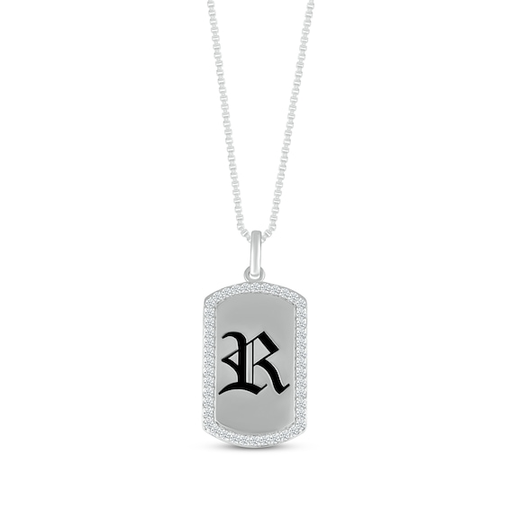 Men's Diamond Accent Dog Tag Medieval Script Initial Necklace Sterling Silver 22"