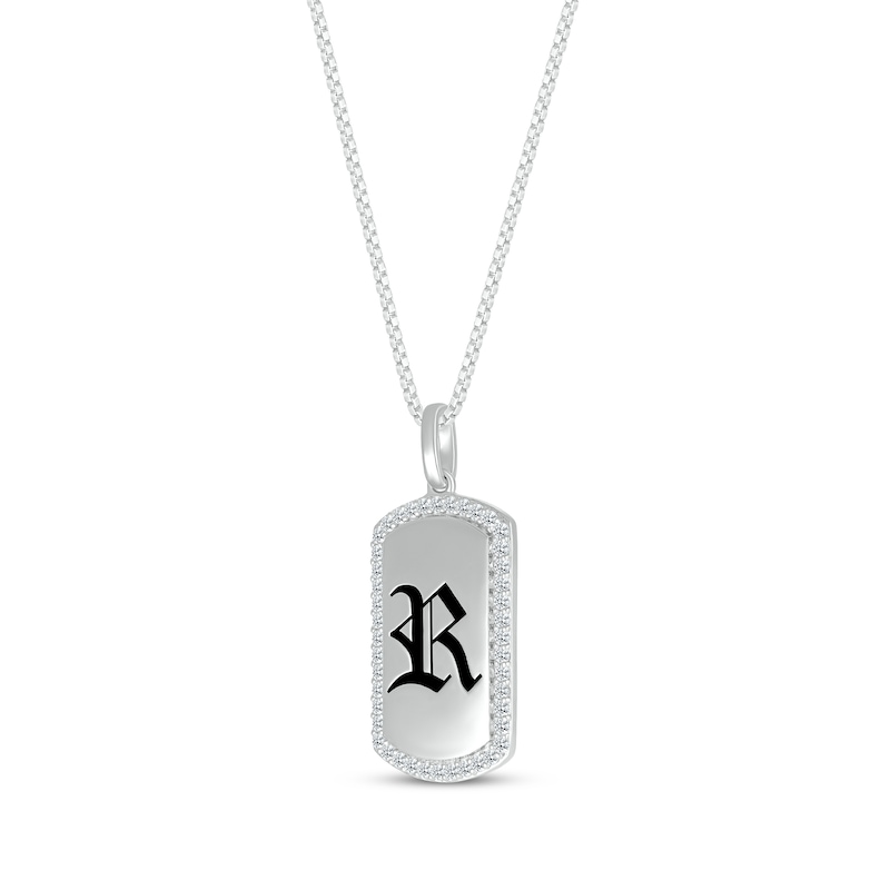 Main Image 2 of Men's Diamond Accent Dog Tag Medieval Script Initial Necklace Sterling Silver 22&quot;