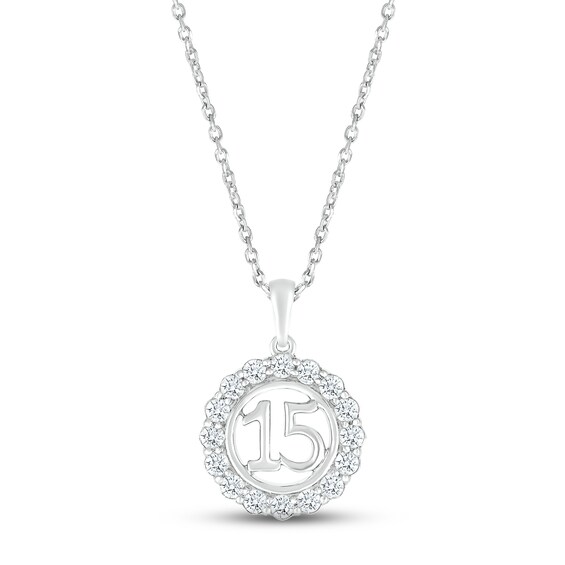 White Lab-Created Sapphire Quinceañera Birthstone Necklace 10K White Gold 18"