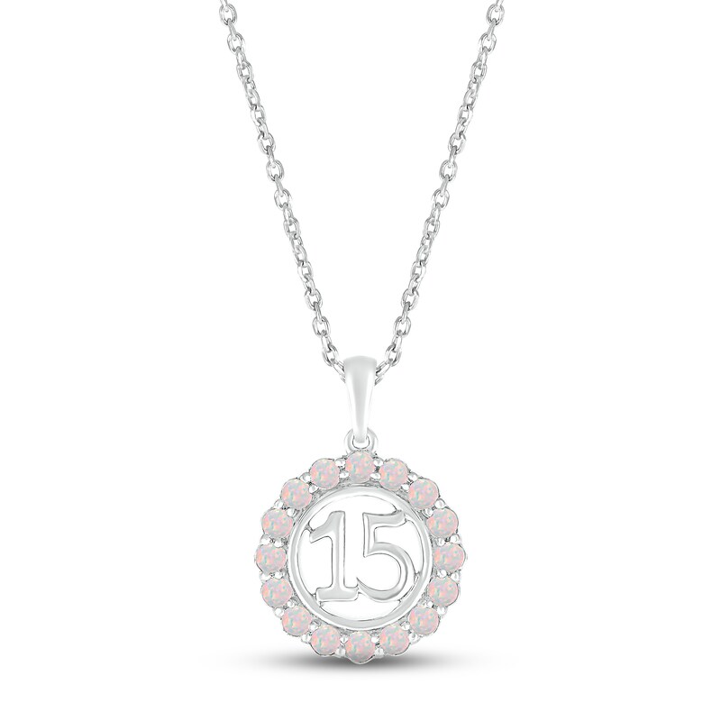 Main Image 1 of Lab-Created Opal Quinceañera Birthstone Necklace 10K White Gold 18"