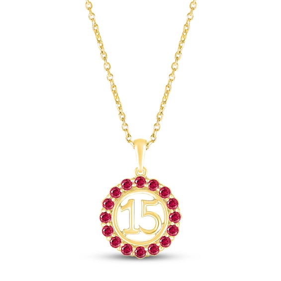 Lab-Created Ruby Quinceañera Birthstone Necklace 10K Yellow Gold 18"