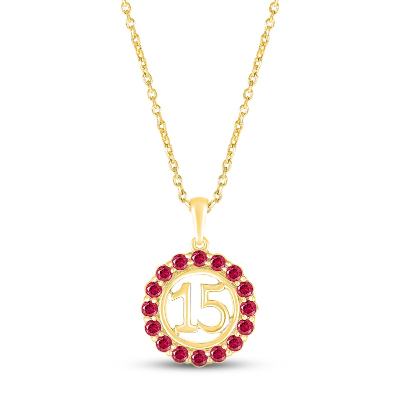 Main Image 1 of Lab-Created Ruby Quinceañera Birthstone Necklace 10K Yellow Gold 18&quot;