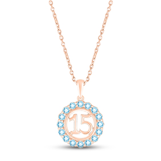 Swiss Blue Topaz Quinceañera Birthstone Necklace 10K Rose Gold 18"