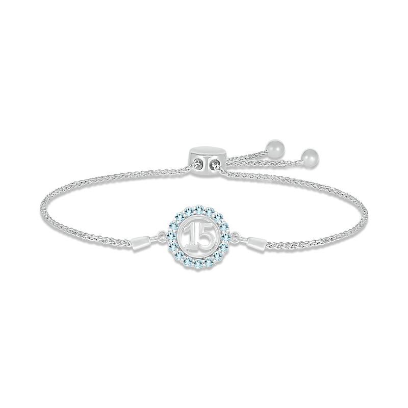 Aquamarine Quinceañera Birthstone Bolo Bracelet Sterling Silver 9.5"