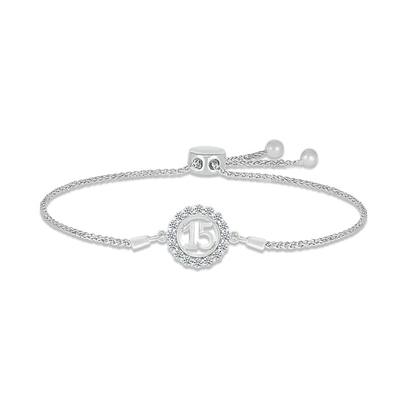 Main Image 1 of White Lab-Created Sapphire Quinceañera Birthstone Bolo Bracelet Sterling Silver 9.5&quot;
