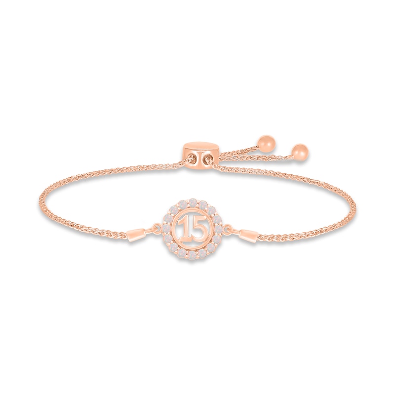 Main Image 1 of Lab-Created Opal Quinceañera Birthstone Bolo Bracelet 10K Rose Gold 9.5&quot;