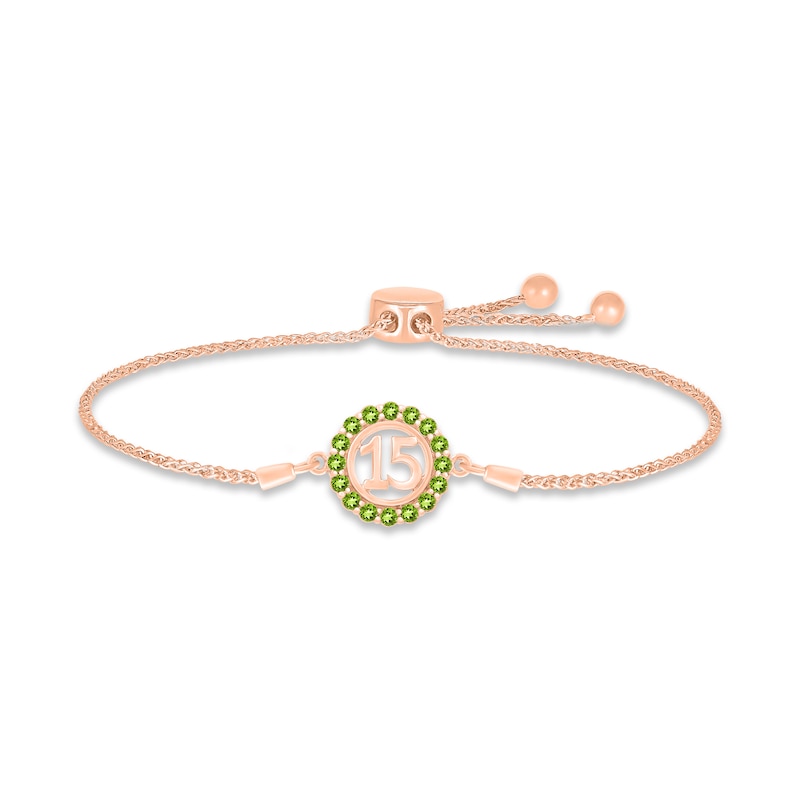 Main Image 1 of Peridot Quinceañera Birthstone Bolo Bracelet 10K Rose Gold 9.5&quot;