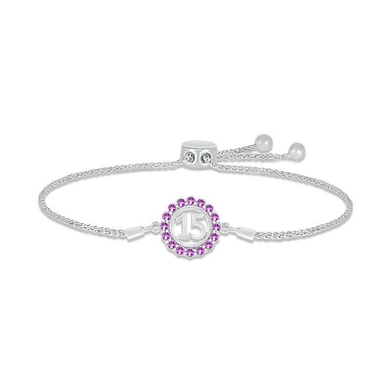 Main Image 1 of Amethyst Quinceañera Birthstone Bolo Bracelet 10K White Gold 9.5&quot;