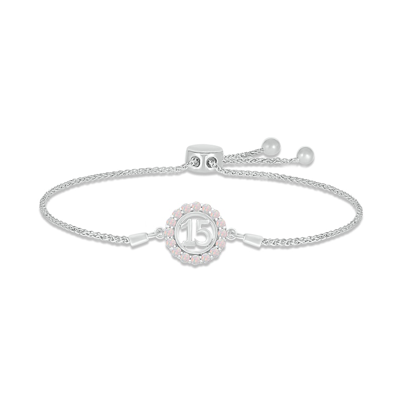 Main Image 1 of Lab-Created Opal Quinceañera Birthstone Bolo Bracelet 10K White Gold 9.5&quot;