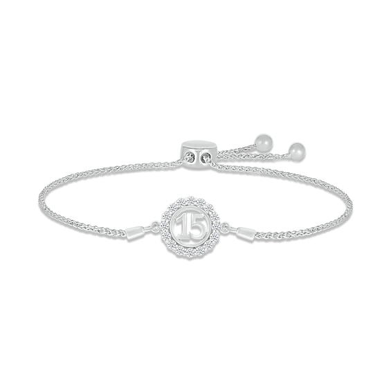 White Lab-Created Sapphire Quinceañera Birthstone Bolo Bracelet 10K White Gold 9.5"