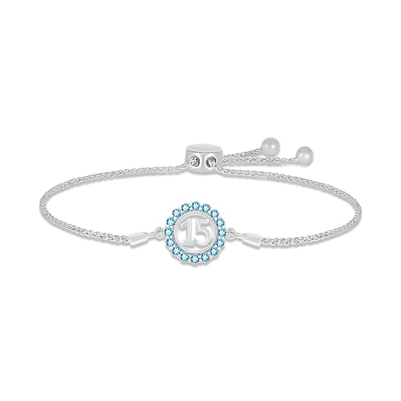 Swiss Blue Topaz Quinceañera Birthstone Bolo Bracelet 10K White Gold 9.5"