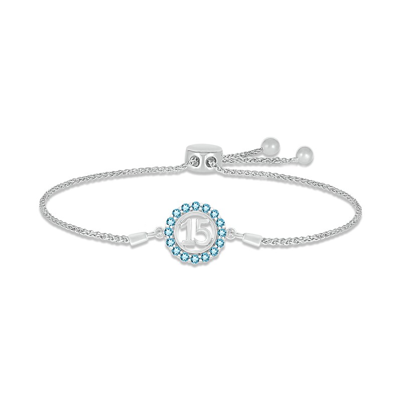 Main Image 1 of Swiss Blue Topaz Quinceañera Birthstone Bolo Bracelet 10K White Gold 9.5&quot;