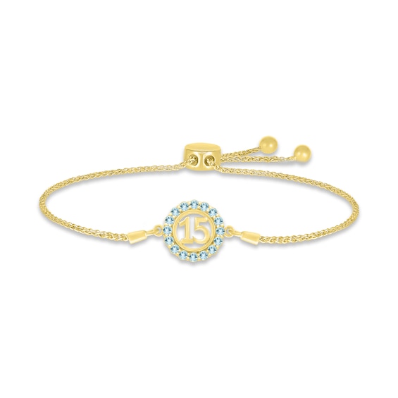 Aquamarine Quinceañera Birthstone Bolo Bracelet 10K Gold 9.5