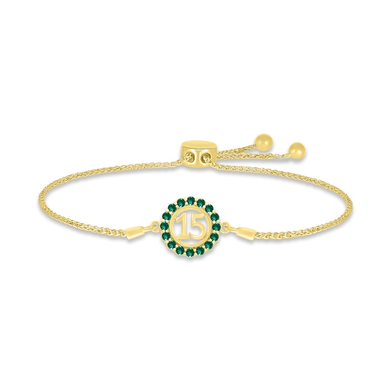 Lab-Created Emerald Quinceañera Birthstone Bolo Bracelet 10K Yellow Gold 9.5"