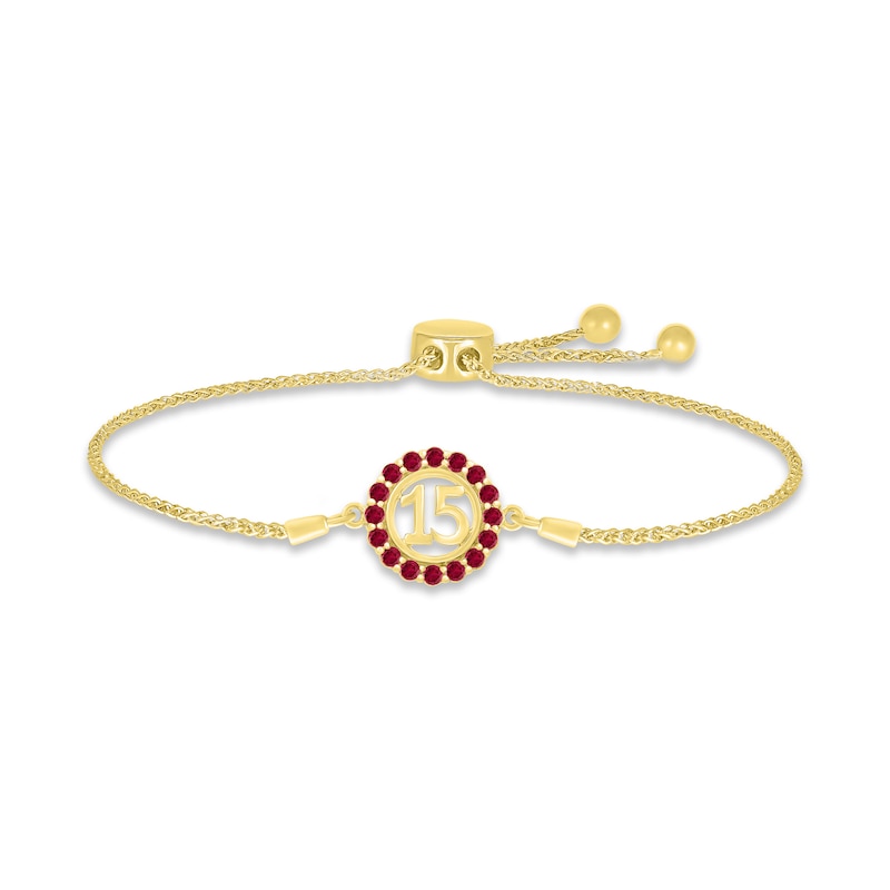Main Image 1 of Lab-Created Ruby Quinceañera Birthstone Bolo Bracelet 10K Yellow Gold 9.5&quot;