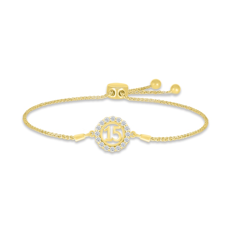 Main Image 1 of White Lab-Created Sapphire Quinceañera Birthstone Bolo Bracelet 10K Yellow Gold 9.5&quot;