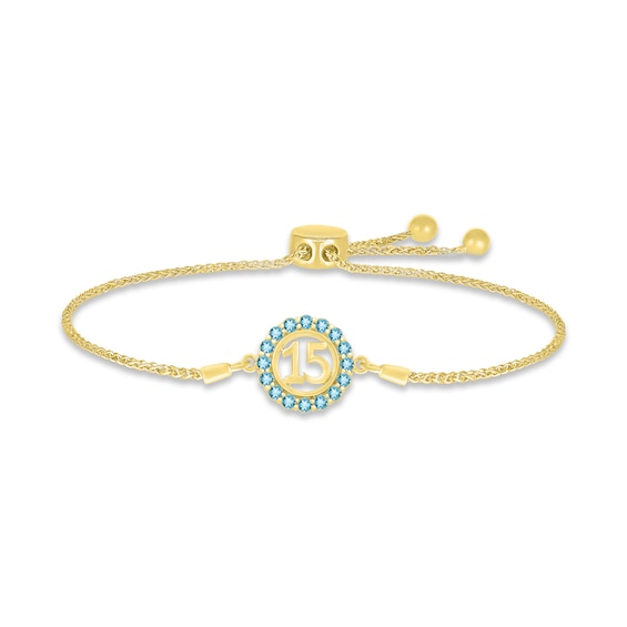 Swiss Blue Topaz Quinceañera Birthstone Bolo Bracelet 10K Yellow Gold 9.5"