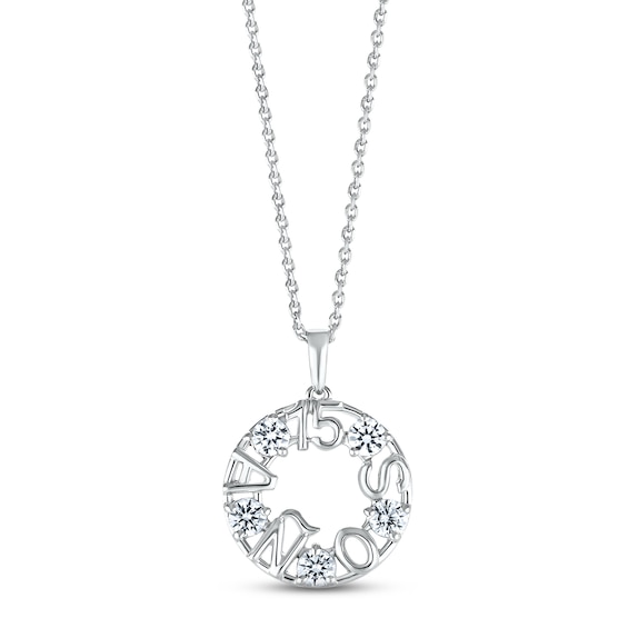 White Lab-Created Sapphire "15 Años" Birthstone Necklace Sterling Silver 18"