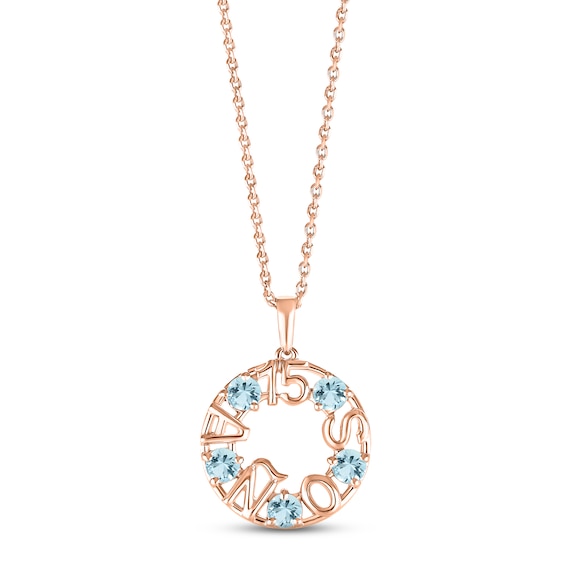 Aquamarine "15 Años" Birthstone Necklace 10K Rose Gold 18"