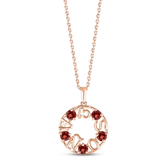 Garnet "15 Años" Birthstone Necklace 10K Rose Gold 18"