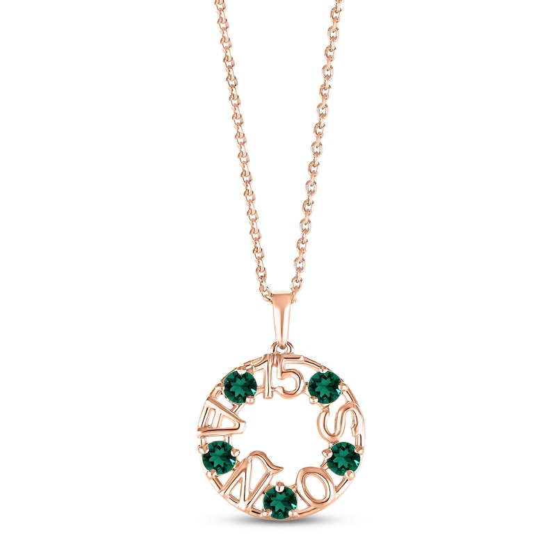 Lab-Created Emerald "15 Años" Birthstone Necklace 10K Rose Gold 18"