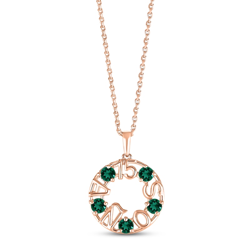 Lab-Created Emerald "15 Años" Birthstone Necklace 10K Rose Gold 18"