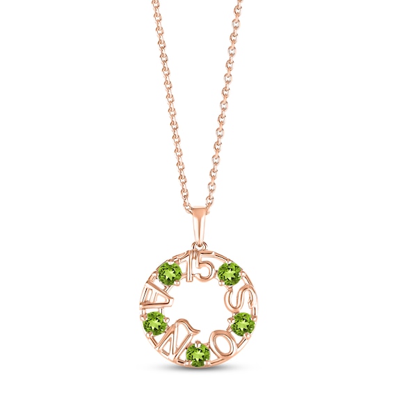 Peridot "15 Años" Birthstone Necklace 10K Rose Gold 18"