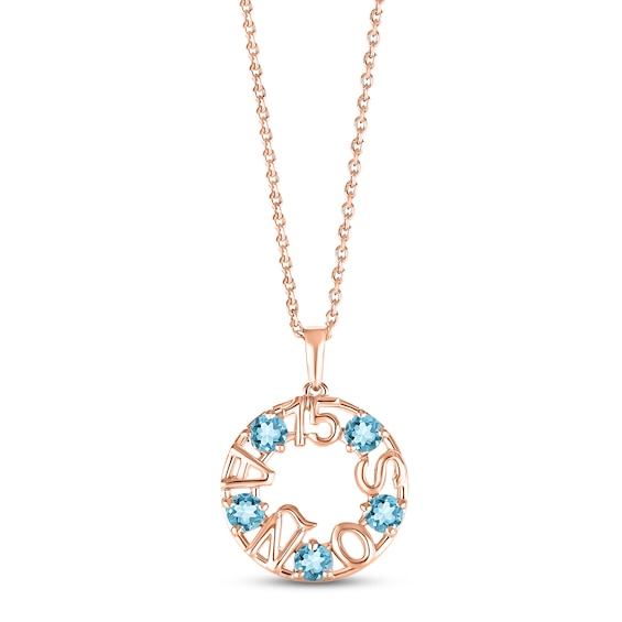 Swiss Blue Topaz "15 Años" Birthstone Necklace 10K Rose Gold 18"