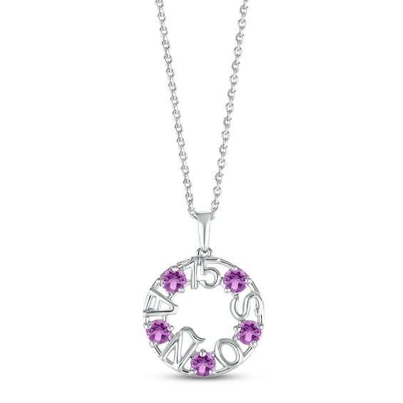 Amethyst "15 Años" Birthstone Necklace 10K White Gold 18"