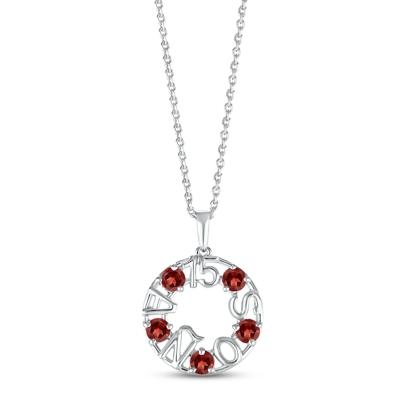 Garnet "15 Años" Birthstone Necklace 10K White Gold 18"