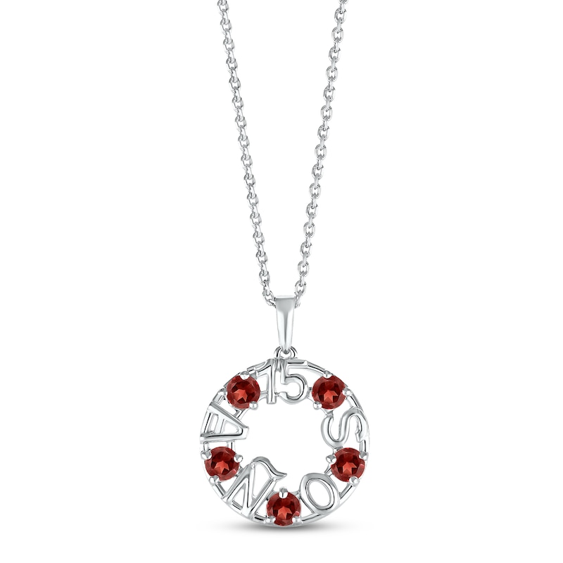 Main Image 1 of Garnet "15 Años" Birthstone Necklace 10K White Gold 18"